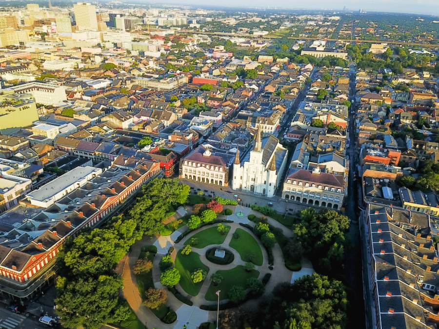 Aerial view of Jackson Square and Saint Louis Cathedral, in background New Orleans downtown