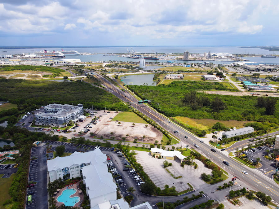 Aerial view of hotels and Port Canaveral cruise terminals
