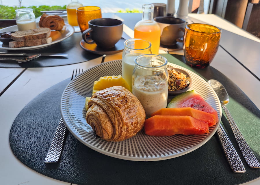 Breakfast plate at LUX Le Morne hotel in Mauritius