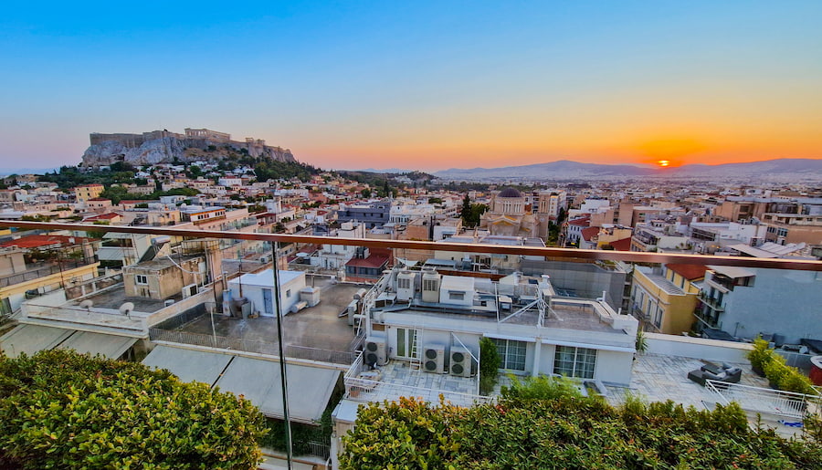 Sunset from rooftop restaurant, Electra Metropolis in Athens