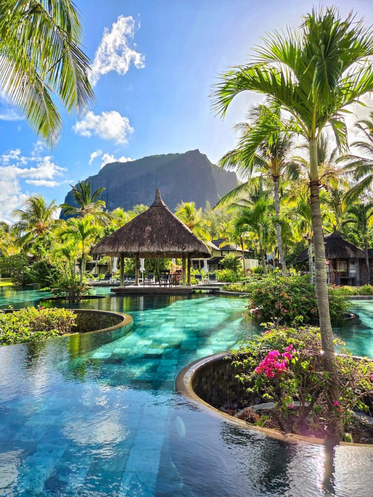 Sunrise and pool view of LUX Le Morne hotel