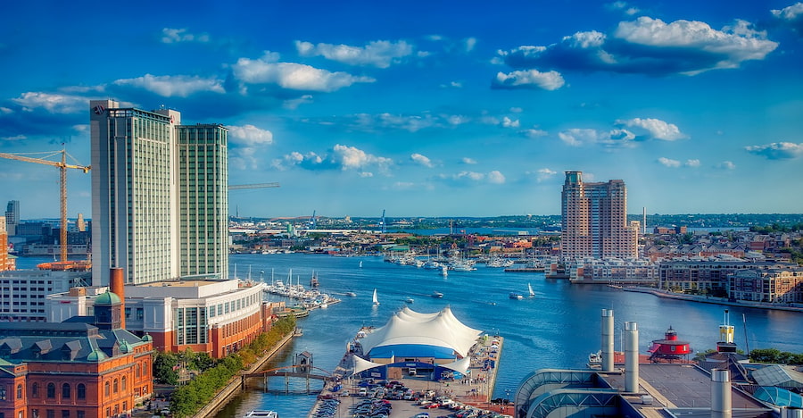 Inner Harbor in Baltimore Maryland with the Marriott Waterfront hotel