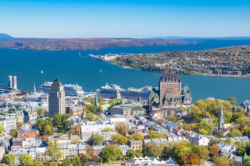 Aerial view of cruise ships docked at Quebec city and the old town