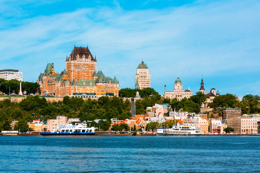 View from St Lawrence river to Quebec City and Fairmont Le Château Frontenac