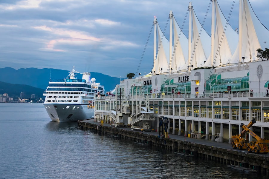Cruise ship docked at Canada Place terminal in Vancouver