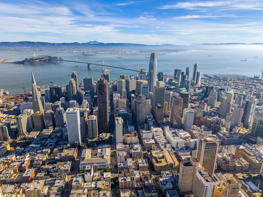 San Francisco skyline, looking east toward the Bay Bridge and the East Bay.