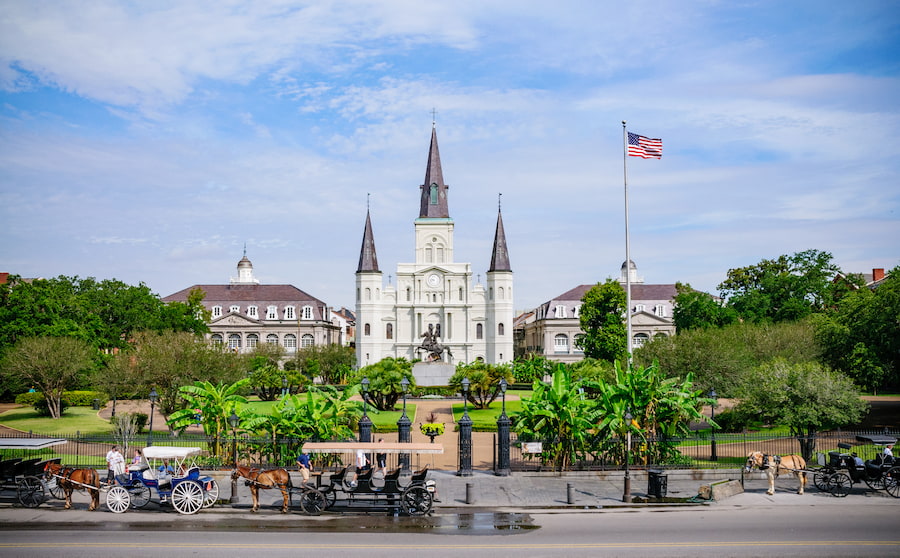 Jackson Square in New Orleans, Louisiana with St. Louis Cathedral, The Cabildo & The Presbytere.