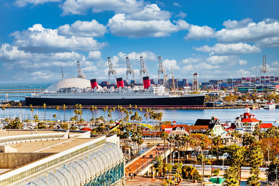 View from Convention Center in Long Beach towards cruise port and Queen Mary hotel