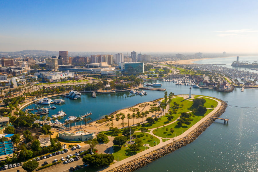 Aerial view of Long Beach harbor and marina
