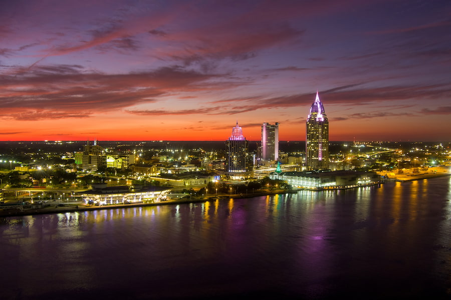 Downtown Mobile waterfront at sunset
