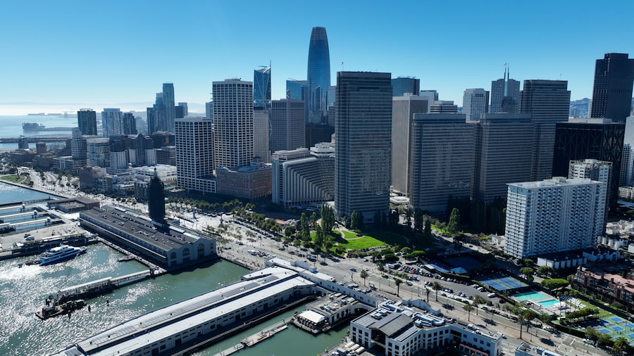 Port of San Francisco and skyline at Embarcadero waterfront