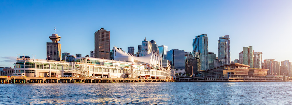 Cruise port in Vancouver seen from the water, skyline and hotels in the background