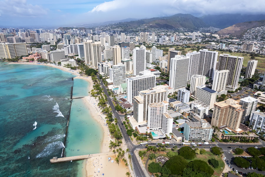 Aerial view of Waikiki beach and hotels in Honolulu Hawaii