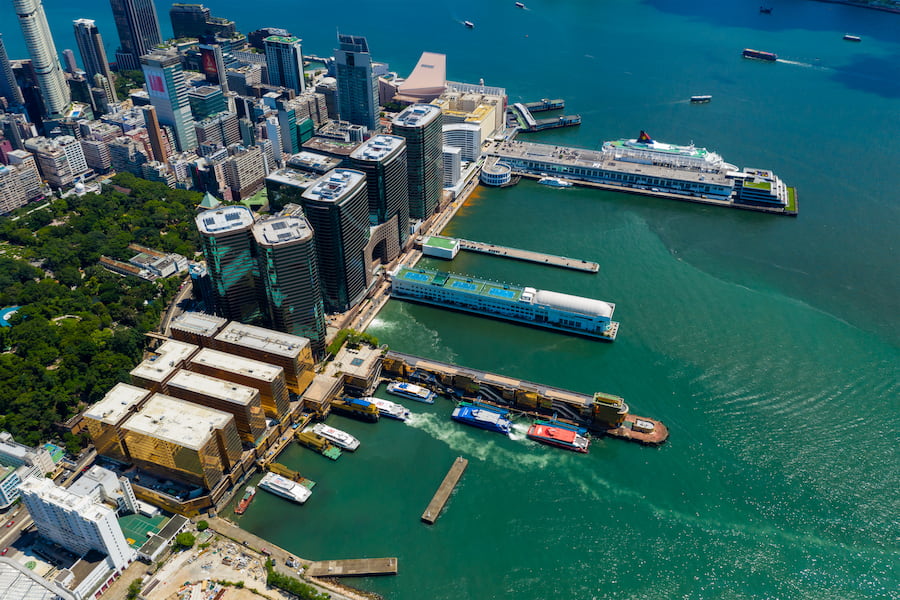 Aerial view of Tsim Sha Tsui waterfront district in Hong Kong, with Ocean Cruise Terminal